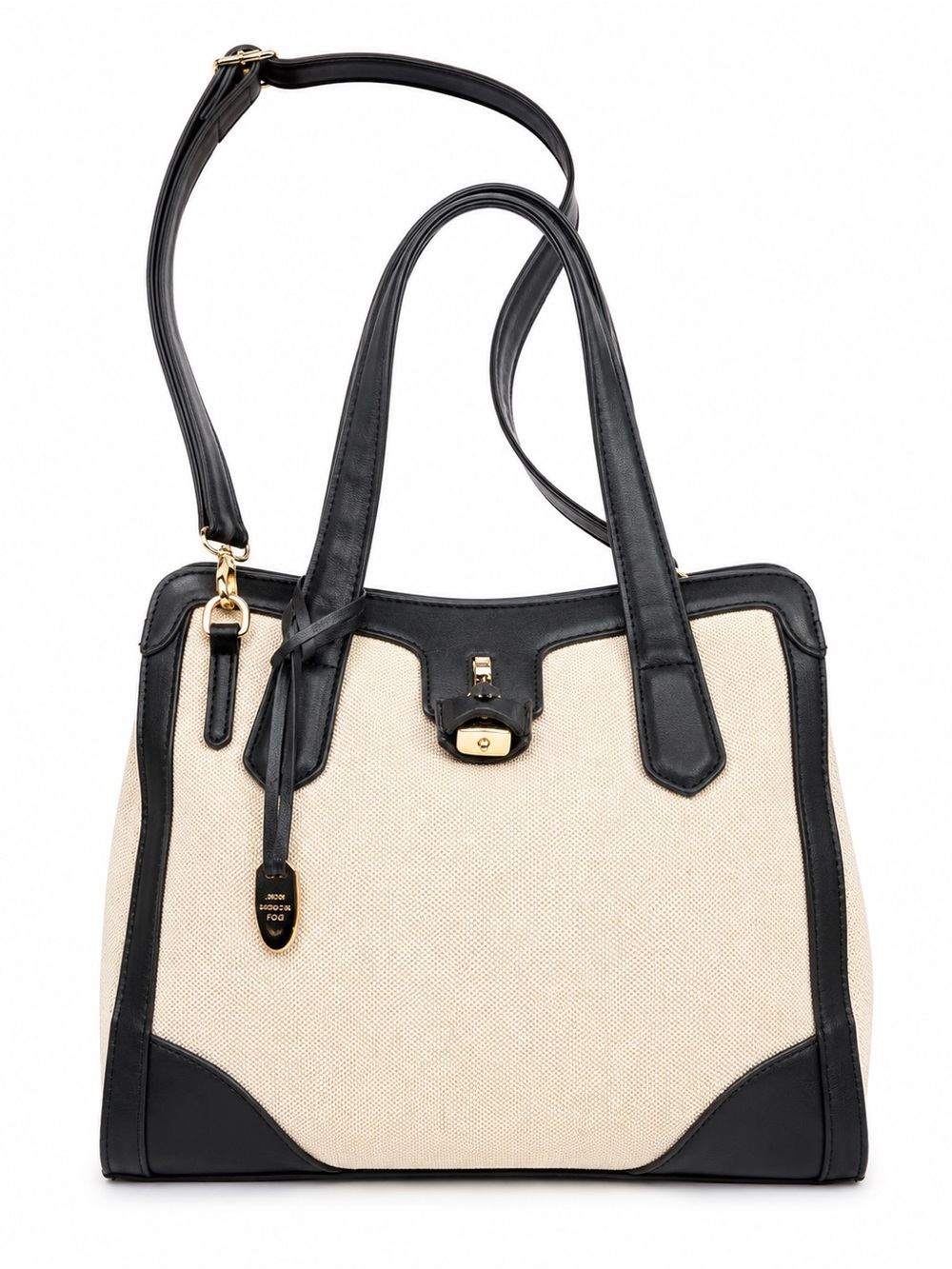 London Fog Beige Canvas Shoulder Bag Black Faux Leather Trim Satchel Tote